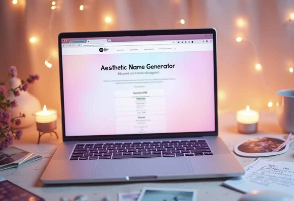 Flatlay of laptop with “Aesthetic Name Generator” on screen, surrounded by aesthetic objects and crossed-out name ideas.