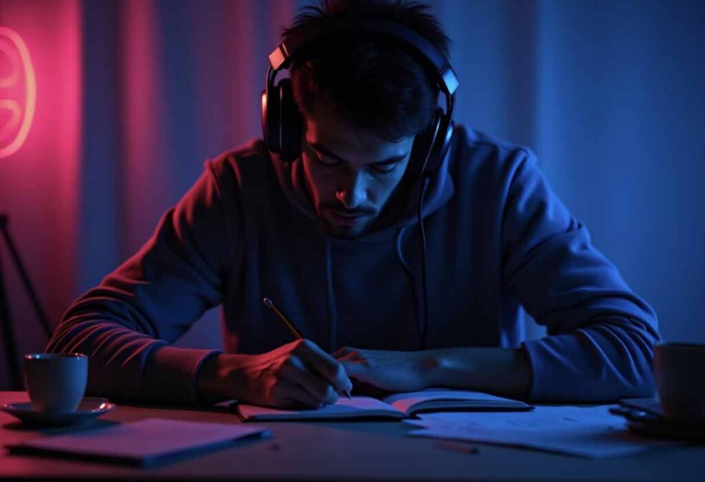 Person in headphones writing at a desk under dark neon lighting.