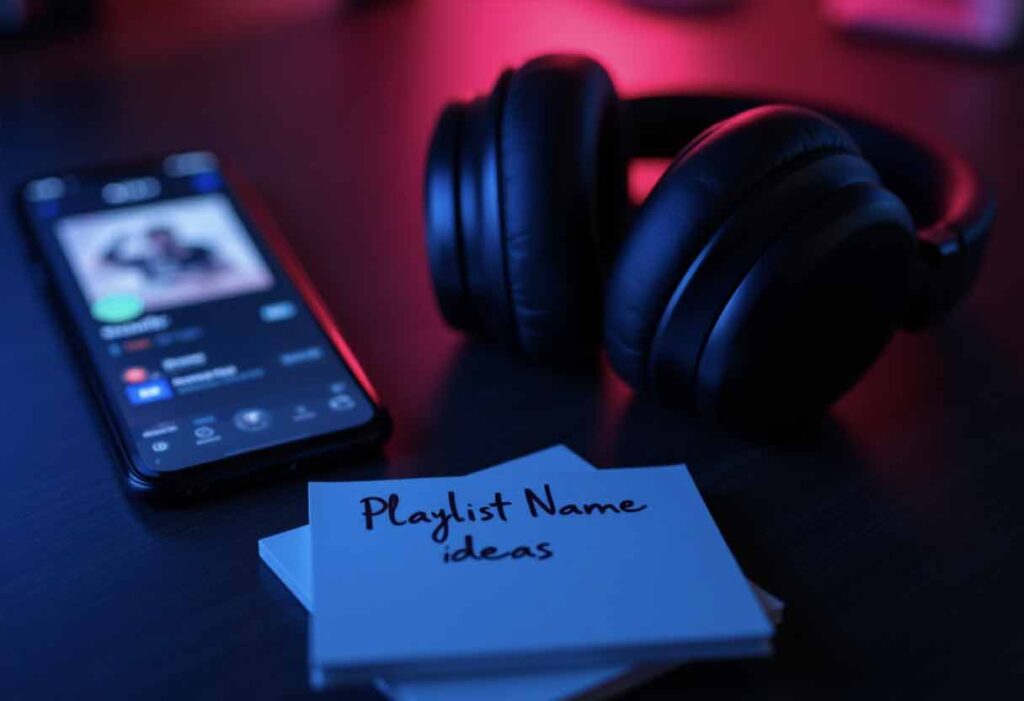 Headphones on a neon-lit desk with Spotify on a phone and a notepad labeled “Playlist Name Ideas.”