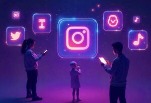 Futuristic 2025 illustration of gamers, creators, and influencers checking social handle availability with glowing social media icons.